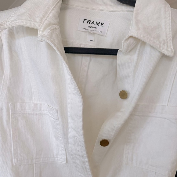 FRAME White Denim Gold ButtonBelted Utility Cargo Jean Jacket Size Medium NWOT - Picture 3 of 4